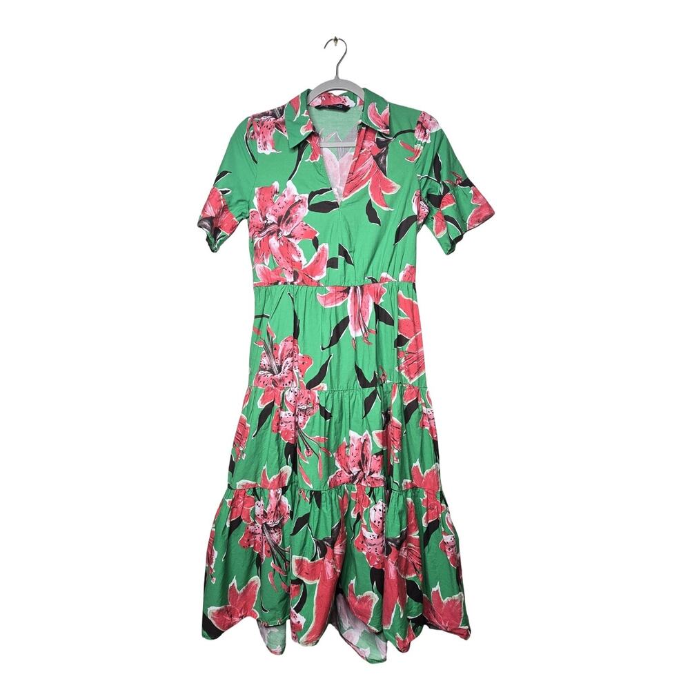 Zara Midi Dress S Green Floral Tiered Coastal Grandmother Tropical Resort Wear
